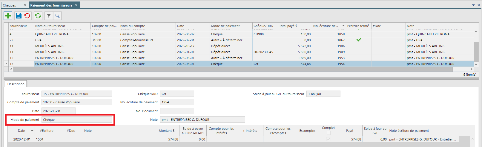 cheque paiement fournisseur
