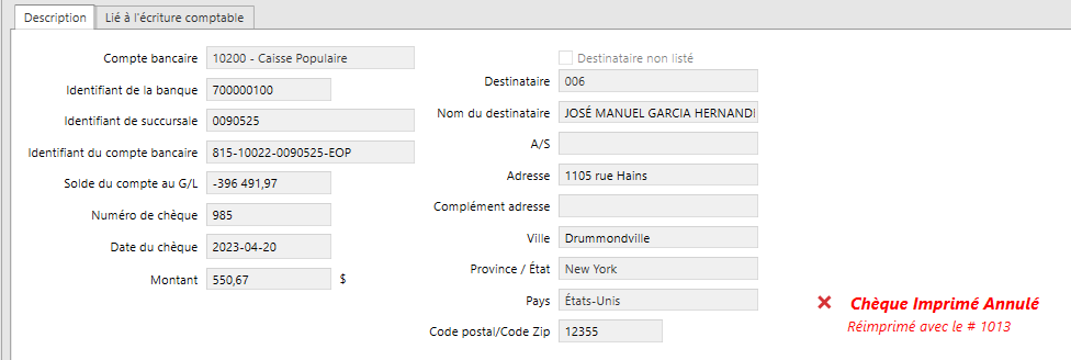 chèque annulé réimprimé