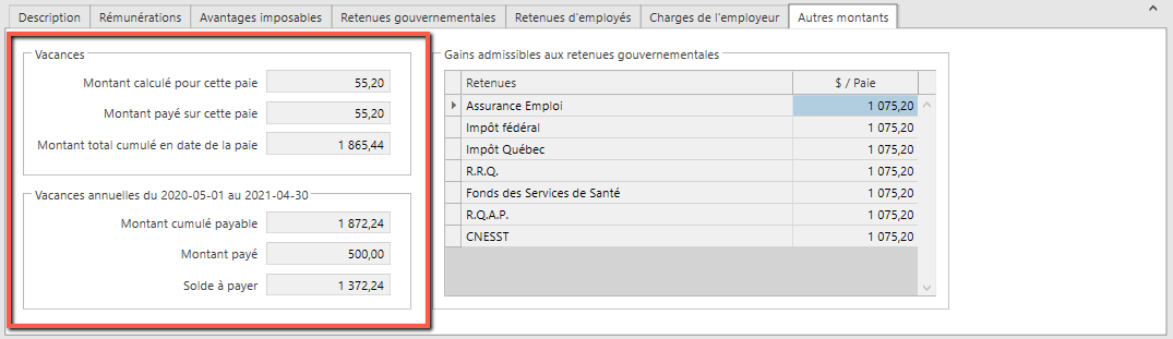 montants vacances