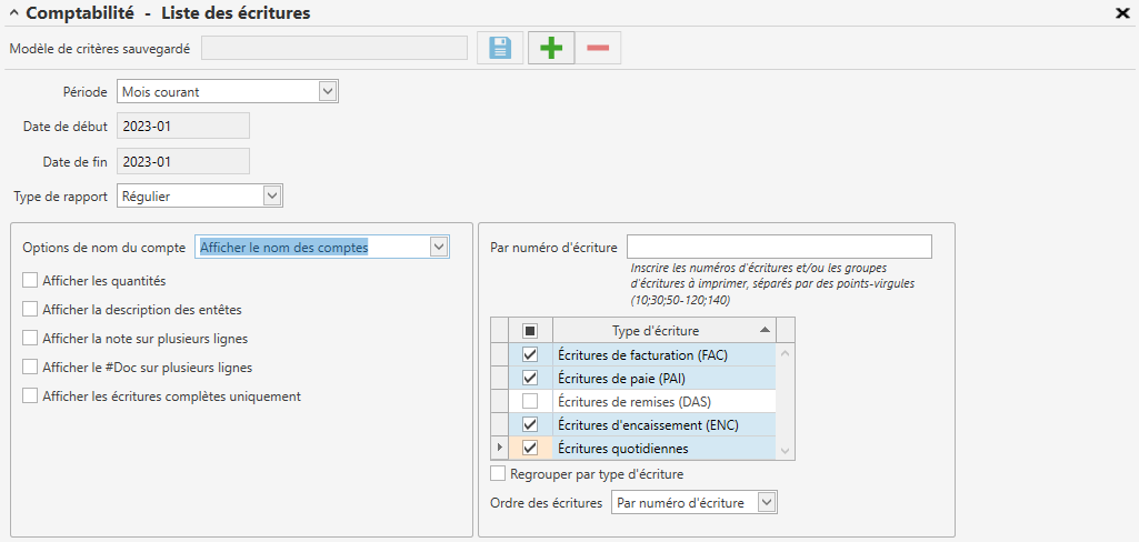 rapport - liste écitures personnalisation