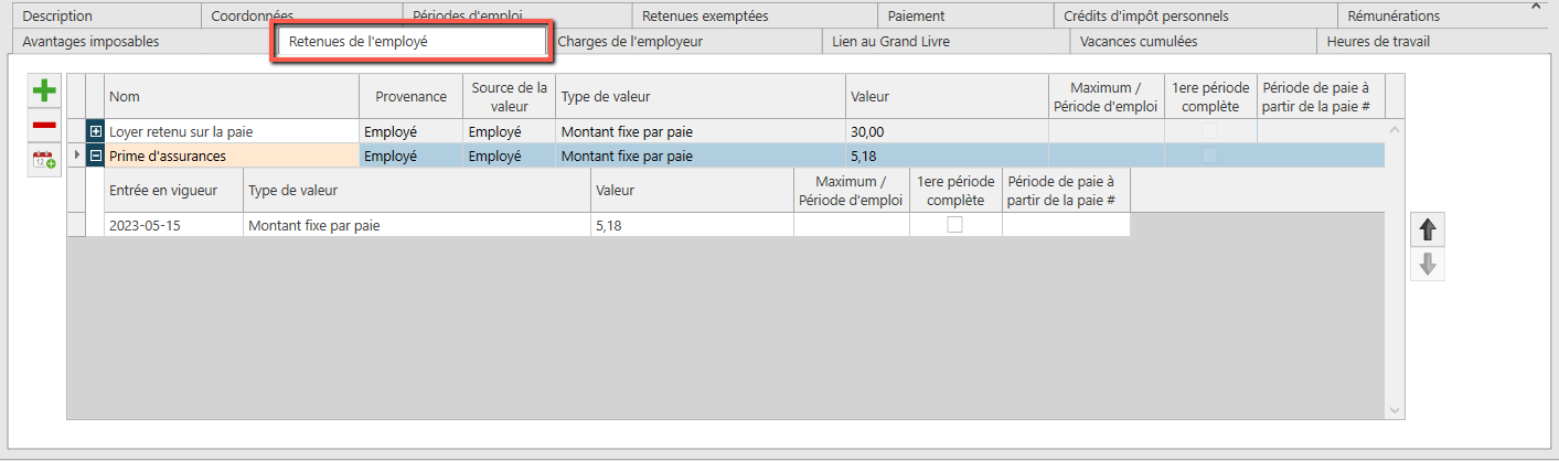 paie onglet retenues employé