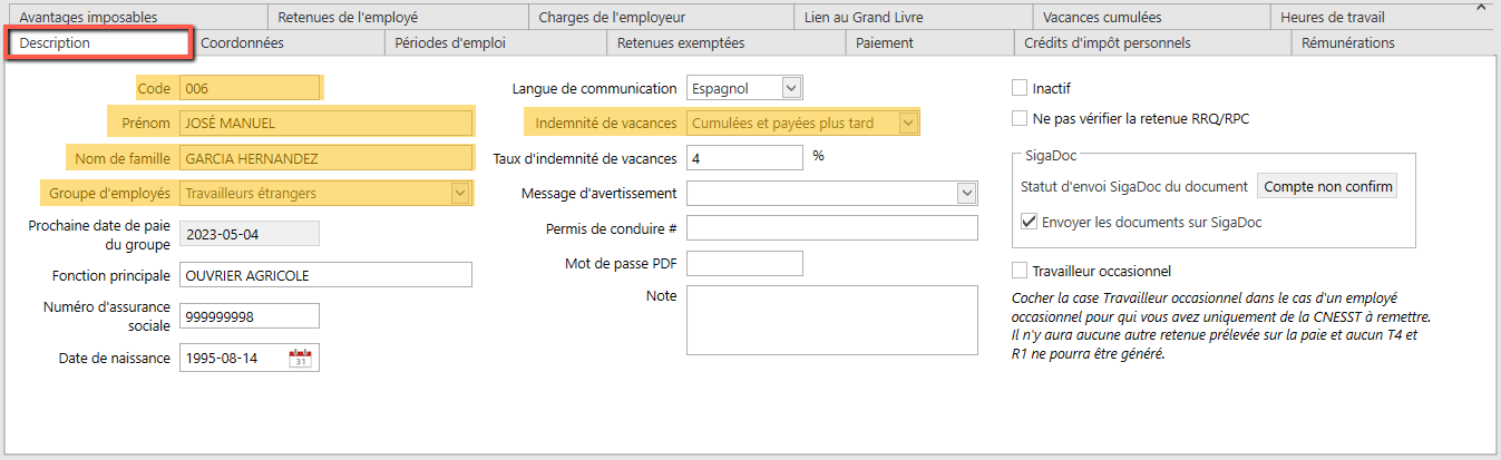 employé - onglet description
