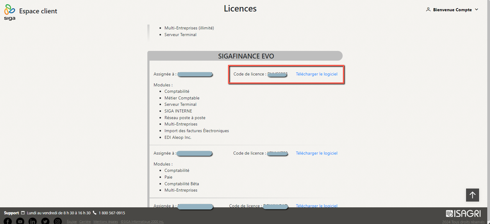 espace client licences